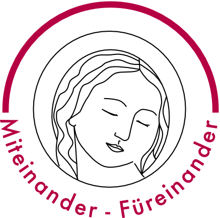 Man sieht eine Strichzeichnung eines Frauengesichts. Darunter der Text 'Miteinander - Füreinander'